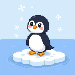 A charming pixel art depiction of a cute, cartoon-style penguin