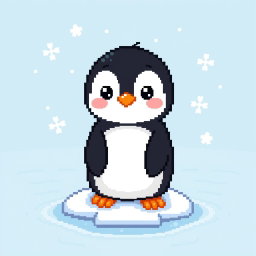 A charming pixel art depiction of a cute, cartoon-style penguin