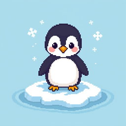 A charming pixel art depiction of a cute, cartoon-style penguin