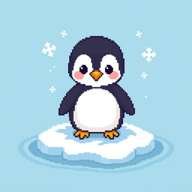 A charming pixel art depiction of a cute, cartoon-style penguin