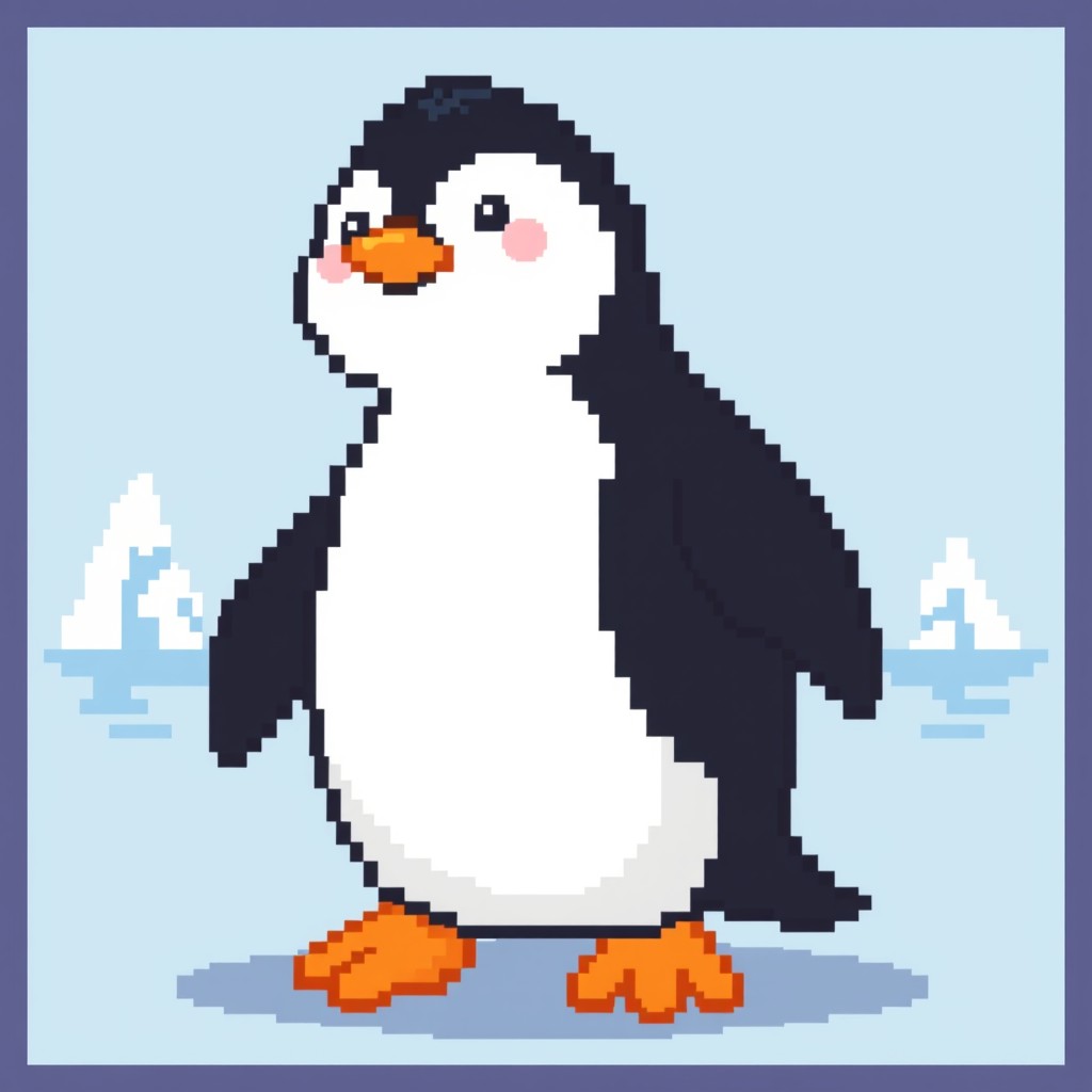 A delightful pixel art illustration of a cute penguin standing sideways