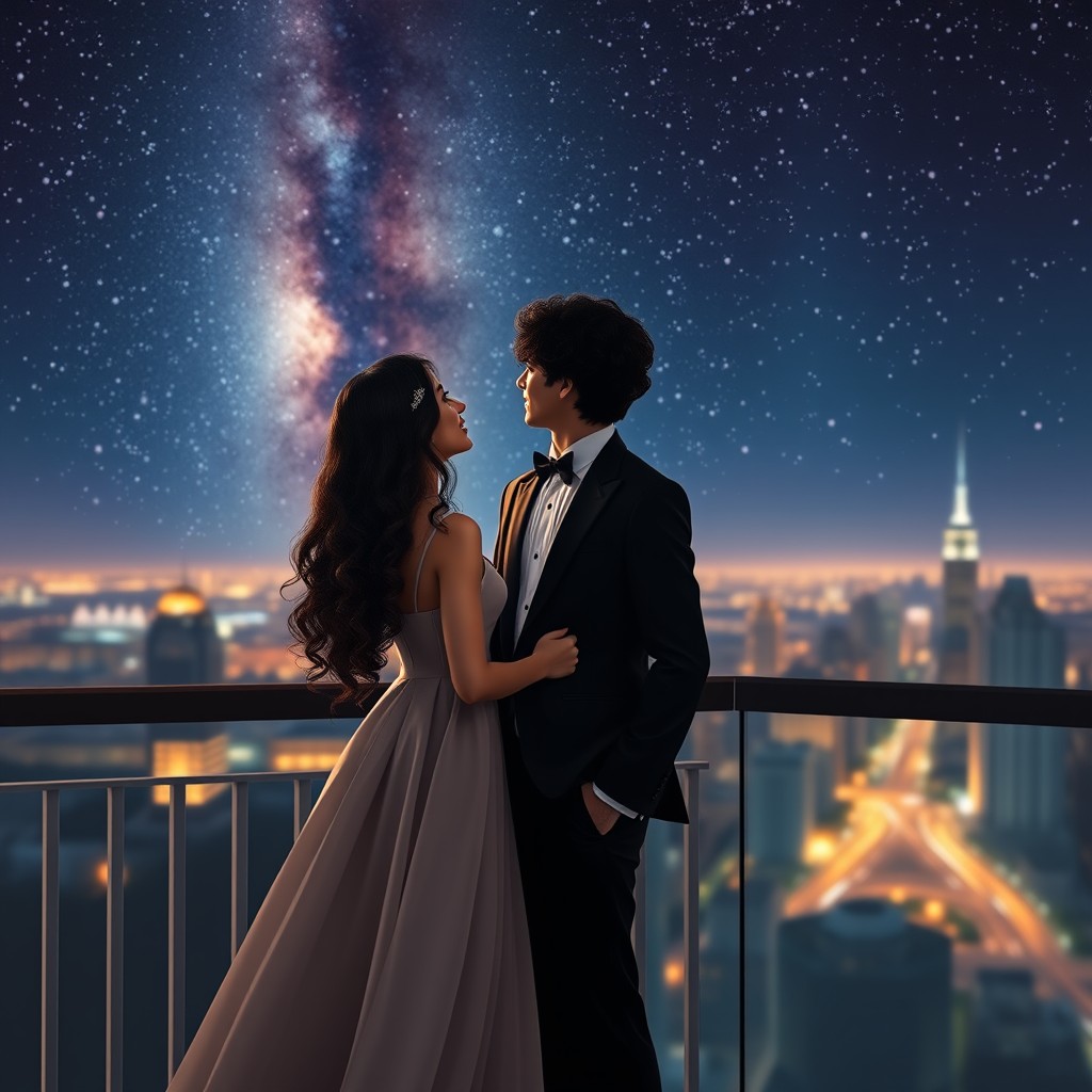 A young couple standing on a balcony, gazing at the night sky filled with stars