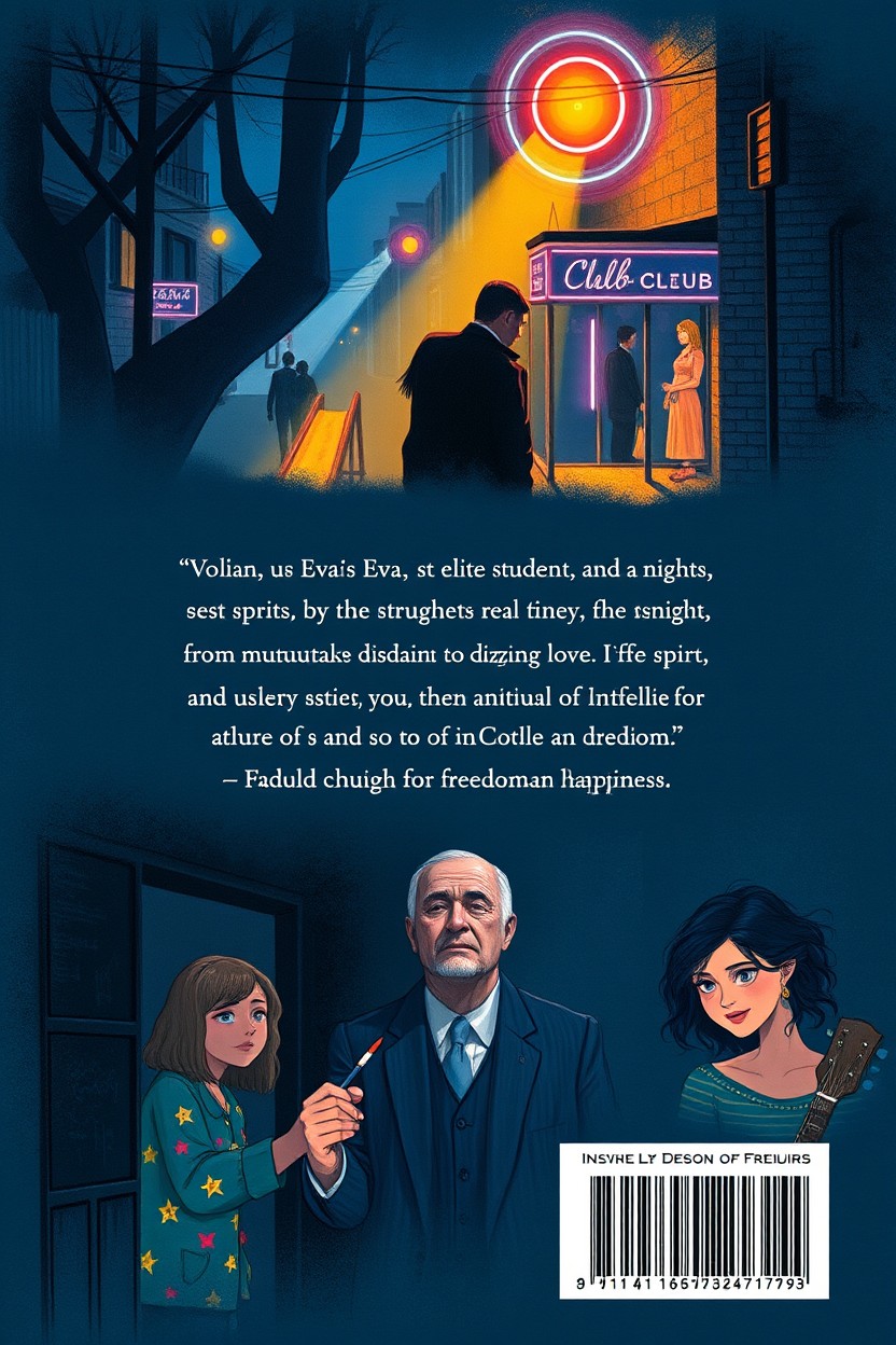 An illustration for the back cover of a book, depicting a contrast between day and night in Tbilisi