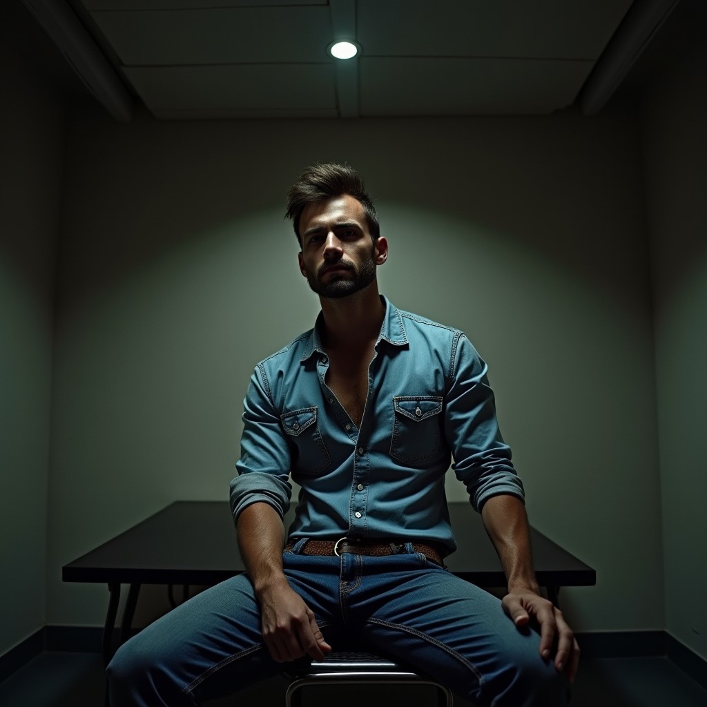 A handsome man in the style of Pedro Pascoal, wearing stylish blue jeans and a fitted button-up shirt, exuding a farmer vibe