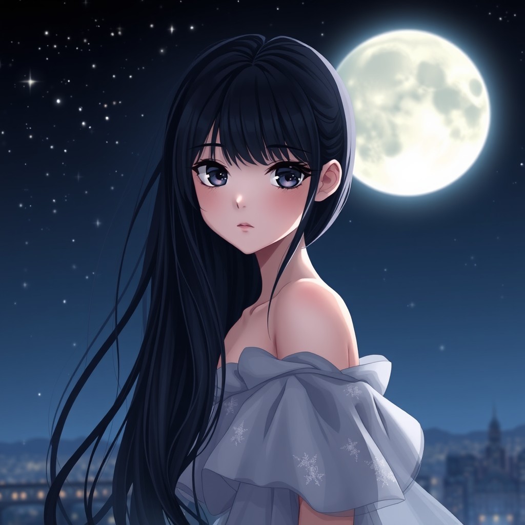 A stunning girl with long black hair and captivating dark eyes, standing under a starry night sky