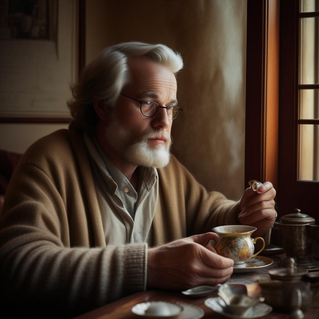 A middle-aged man sitting comfortably in a cozy living room, engrossed in thought, slowly sipping from an antique teacup filled with scented tea, completely alone.