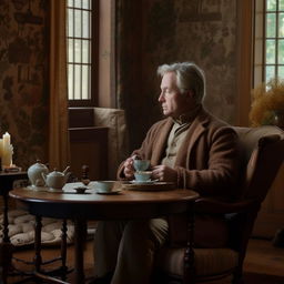 A middle-aged man sitting comfortably in a cozy living room, engrossed in thought, slowly sipping from an antique teacup filled with scented tea, completely alone.