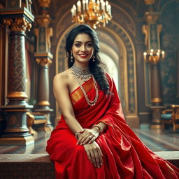 A stunning actress embodying a divine look, adorned with exquisite jewelry around her neck and elegant anklets on her feet