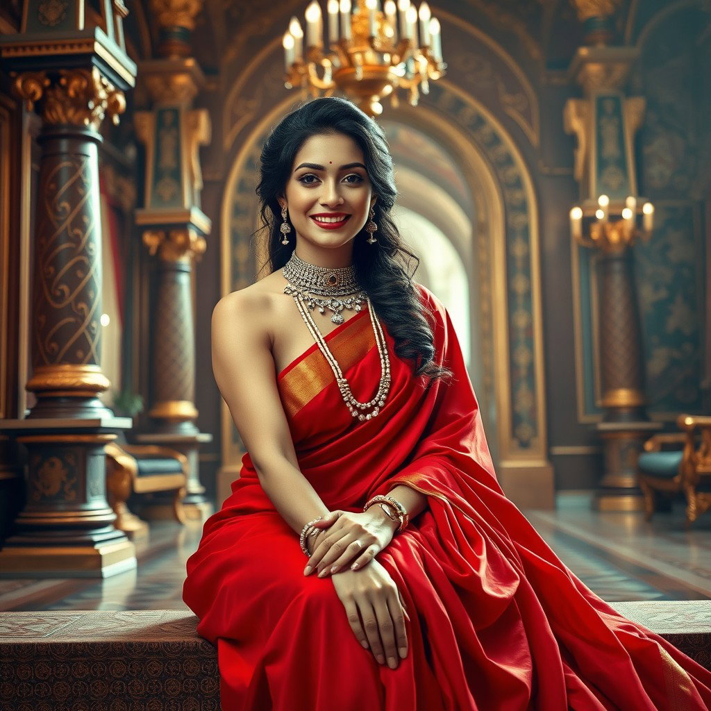 A stunning actress embodying a divine look, adorned with exquisite jewelry around her neck and elegant anklets on her feet