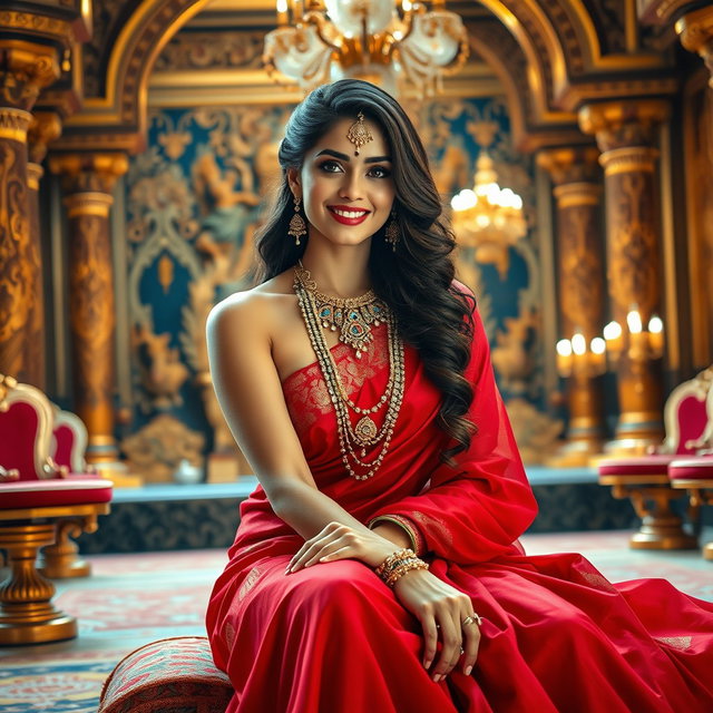 A stunning actress embodying a divine look, adorned with exquisite jewelry around her neck and elegant anklets on her feet