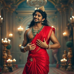 A beautiful divine woman, adorned with exquisite jewellery around her neck and delicate payal (anklets), wearing a stunning red saree