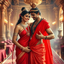 A beautiful divine woman, adorned with exquisite jewellery around her neck and delicate payal (anklets), wearing a stunning red saree