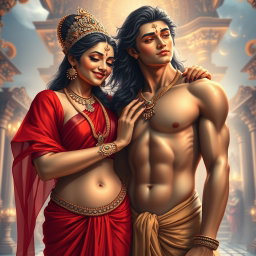A beautiful goddess with glowing, radiant skin adorned in exquisite jewelry on her neck and delicate payal, wearing a vibrant red saree