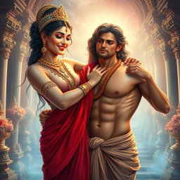 A beautiful goddess with glowing, radiant skin adorned in exquisite jewelry on her neck and delicate payal, wearing a vibrant red saree