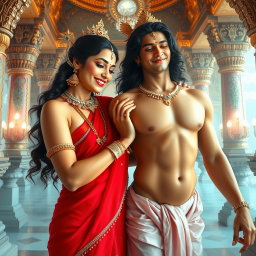 A beautiful goddess with glowing, radiant skin adorned in exquisite jewelry on her neck and delicate payal, wearing a vibrant red saree