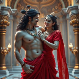A beautiful goddess with luminous, milk glow skin, adorned with elegant jewelry around her neck and delicate payal, dressed in a flowing, vibrant red saree