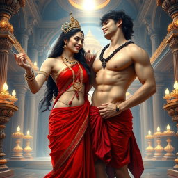 A beautiful goddess with luminous, milk glow skin, adorned with elegant jewelry around her neck and delicate payal, dressed in a flowing, vibrant red saree