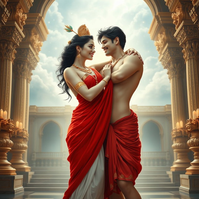 A beautiful goddess with luminous, milk glow skin, adorned with elegant jewelry around her neck and delicate payal, dressed in a flowing, vibrant red saree