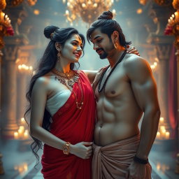 A beautiful goddess with luminous milk glow skin, adorned with elegant jewelry around her neck and delicate payal, dressed in a flowing red saree
