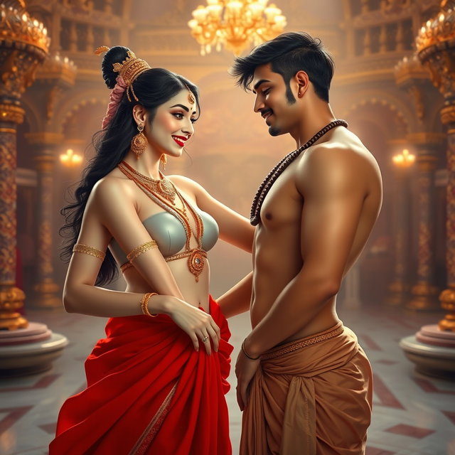 A beautiful goddess with luminous milk glow skin, adorned with elegant jewelry around her neck and delicate payal, dressed in a flowing red saree