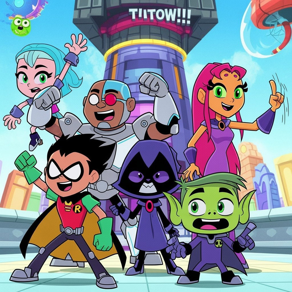A vibrant and playful scene inspired by Teen Titans Go!!!, featuring the five main characters: Robin, Cyborg, Starfire, Raven, and Beast Boy, all expressing their unique personalities in an energetic, cartoon style