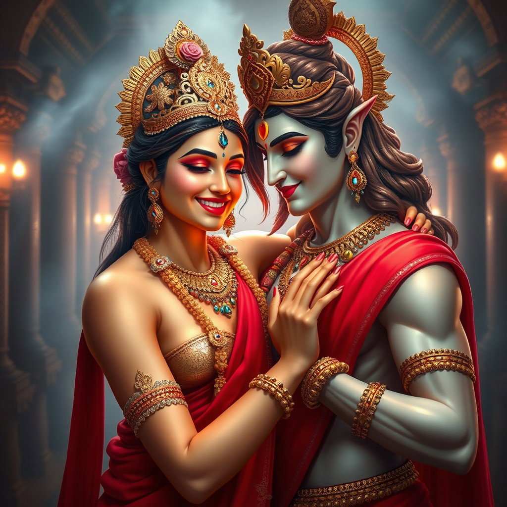 A stunning divine apsara with radiant, glowing skin, adorned with intricate jewellery around her neck and delicate payals