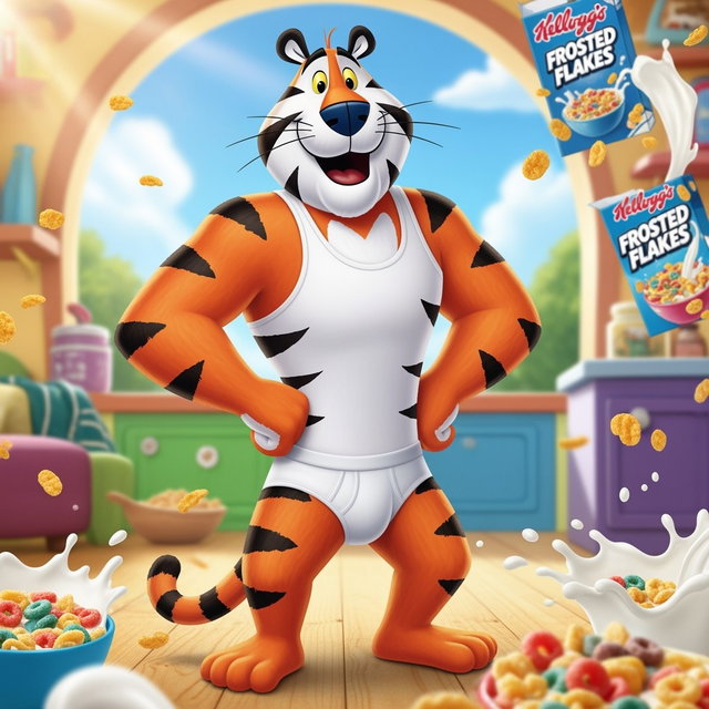 Tony the Tiger, the beloved mascot from Kellogg's Frosted Flakes, portrayed in a cheerful and energetic style, wearing a snug white tank top and white underwear