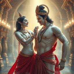 A beautiful divine apsara with glowing milk skin, adorned with exquisite jewelry around her neck and traditional payals, wearing a stunning red saree