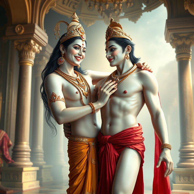 A beautiful divine apsara with glowing milk skin, adorned with exquisite jewelry around her neck and traditional payals, wearing a stunning red saree