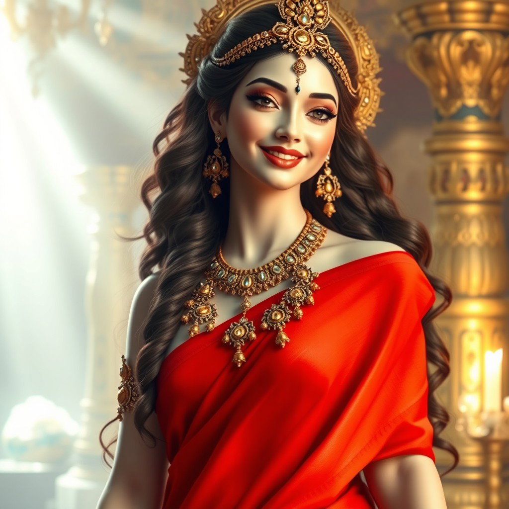 A beautiful divine apsara with milk-glow skin, adorned with exquisite jewelry around her neck and delicate payal (anklets) on her feet