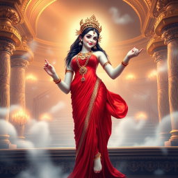 A beautiful divine apsara with milk-glow skin, adorned with exquisite jewelry around her neck and delicate payal (anklets) on her feet