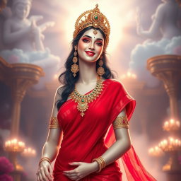 A beautiful divine apsara with milk-glow skin, adorned with exquisite jewelry around her neck and delicate payal (anklets) on her feet
