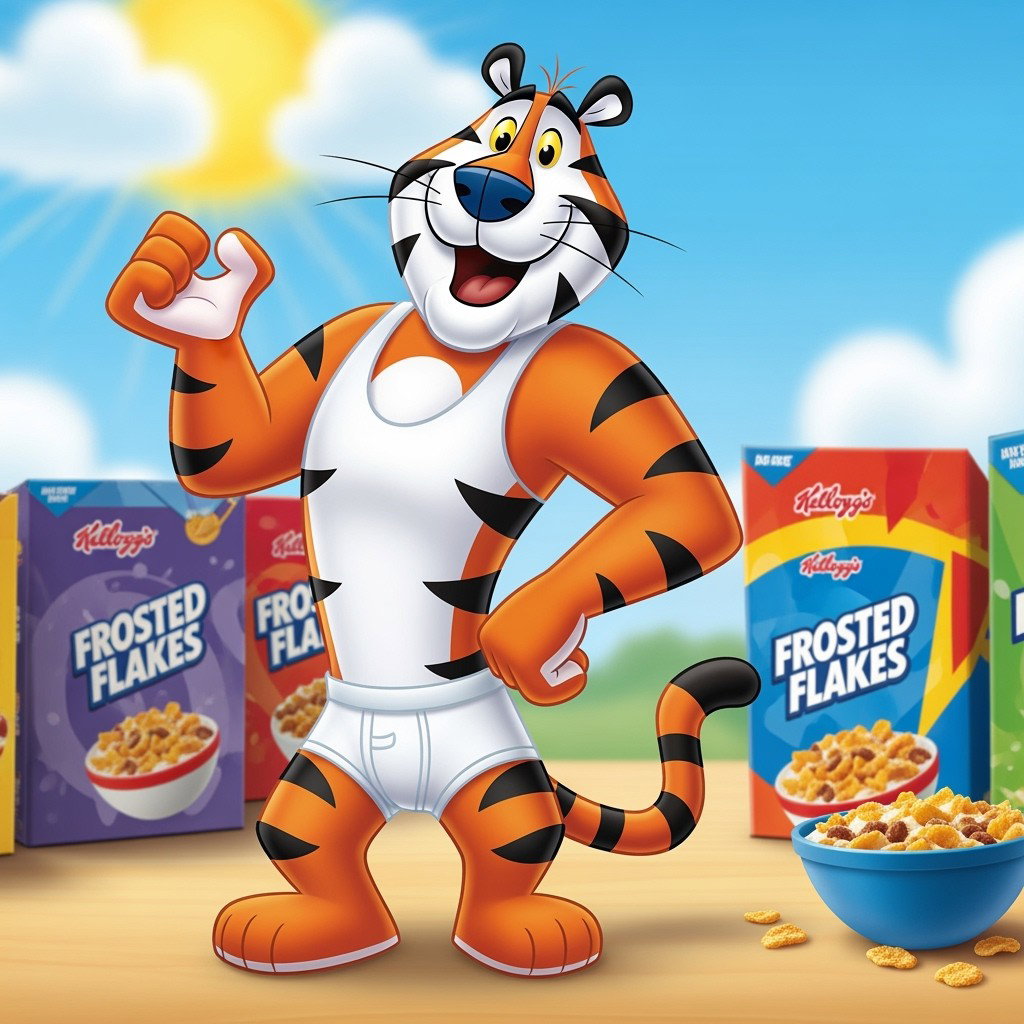 Tony the Tiger, the beloved mascot from Kellogg's Frosted Flakes, depicted in a cheerful and energetic pose, wearing a snug white tank top and white underwear