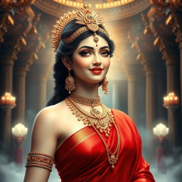 A beautiful divine apsara with milk-glow skin, adorned with exquisite jewelry around her neck and delicate payal (anklets) on her feet