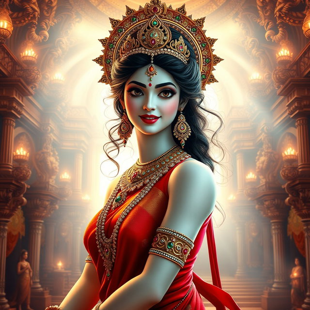 A beautiful divine apsara with milk-glow skin, adorned with exquisite jewelry around her neck and delicate payal (anklets) on her feet