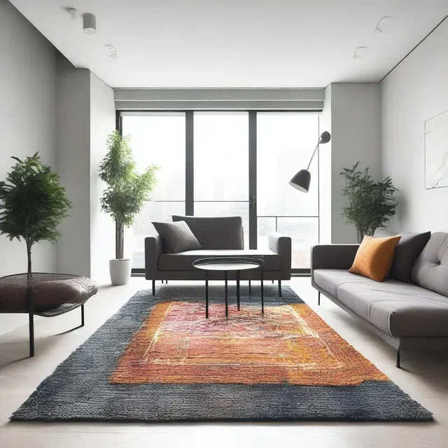 The nammad rug adds a touch of color and texture to the minimalistic interior design of the modern apartment.