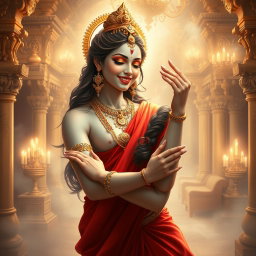 A captivating portrayal of a beautiful, milk-glow skinned divine apsara, adorned with exquisite jewelry around her neck and delicate payal (anklets) on her feet, elegantly dressed in a flowing red saree