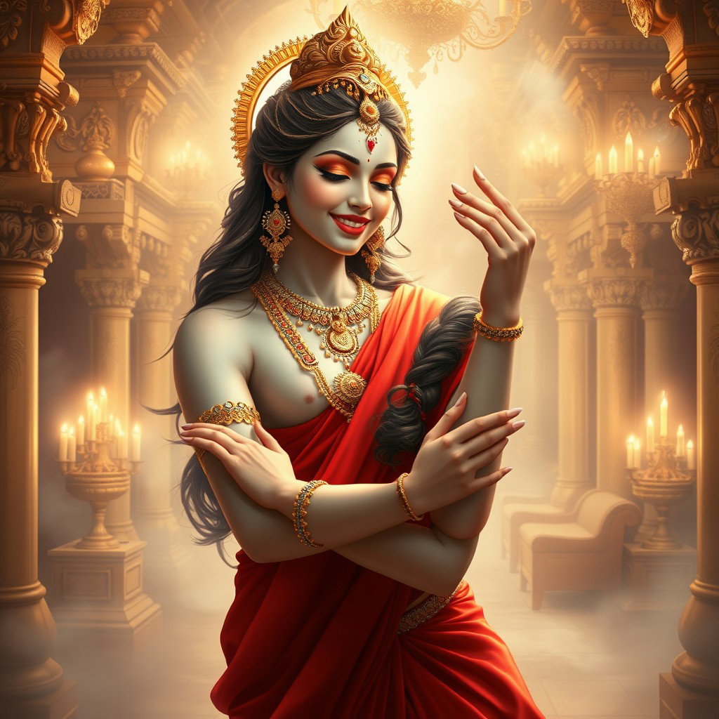 A captivating portrayal of a beautiful, milk-glow skinned divine apsara, adorned with exquisite jewelry around her neck and delicate payal (anklets) on her feet, elegantly dressed in a flowing red saree