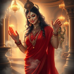 A captivating portrayal of a beautiful, milk-glow skinned divine apsara, adorned with exquisite jewelry around her neck and delicate payal (anklets) on her feet, elegantly dressed in a flowing red saree