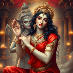 A captivating portrayal of a beautiful, milk-glow skinned divine apsara, adorned with exquisite jewelry around her neck and delicate payal (anklets) on her feet, elegantly dressed in a flowing red saree