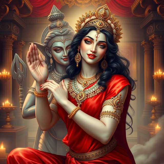 A captivating portrayal of a beautiful, milk-glow skinned divine apsara, adorned with exquisite jewelry around her neck and delicate payal (anklets) on her feet, elegantly dressed in a flowing red saree