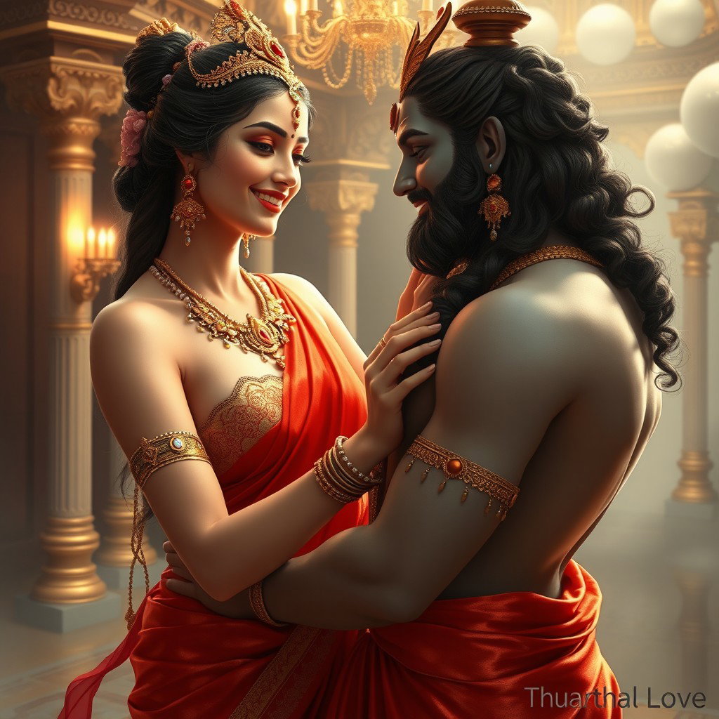 A captivating scene featuring a beautiful, milk-glow skinned divine apsara, adorned with exquisite jewelry around her neck and delicate payal (anklets) on her feet, gracefully draped in a shimmering red saree
