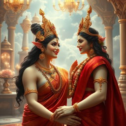 A captivating scene featuring a beautiful, milk-glow skinned divine apsara, adorned with exquisite jewelry around her neck and delicate payal (anklets) on her feet, gracefully draped in a shimmering red saree