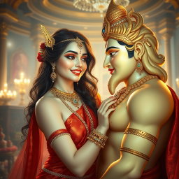 A captivating scene featuring a beautiful, milk-glow skinned divine apsara, adorned with exquisite jewelry around her neck and delicate payal (anklets) on her feet, gracefully draped in a shimmering red saree
