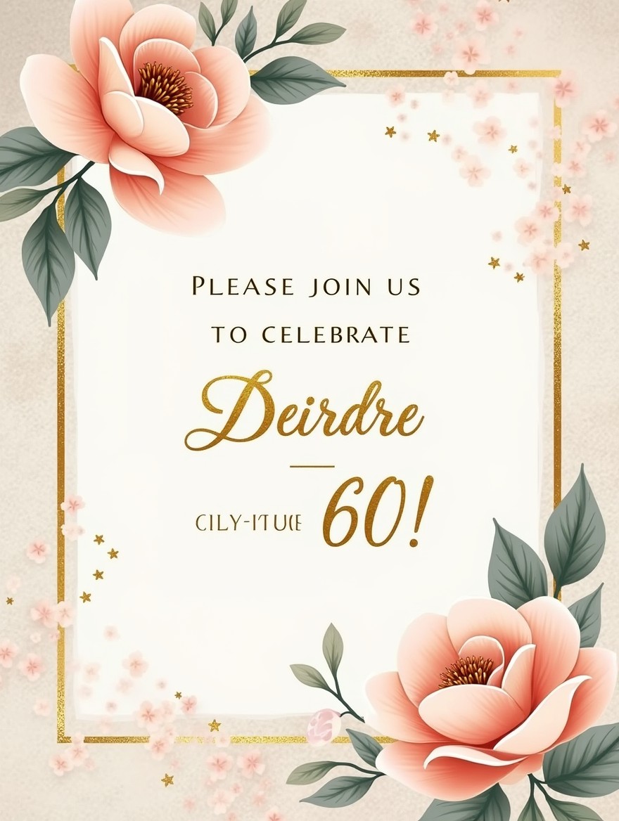 An elegant birthday invitation design featuring beautiful floral arrangements in soft pastel colors, with gold accents for a touch of sophistication