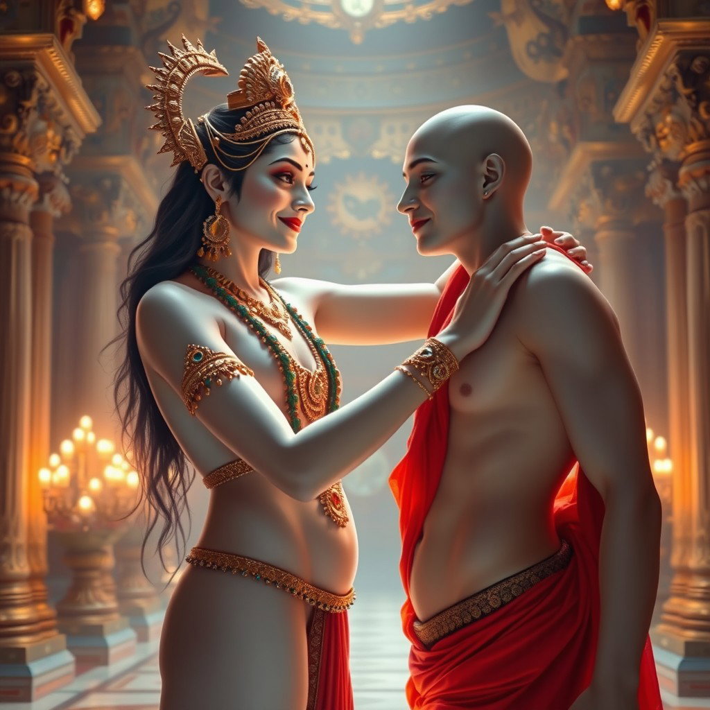 A beautiful divine goddess with glowing milk skin, adorned with intricate jewellery around her neck and payal on her feet, wearing a vibrant red saree, exuding a charming smile