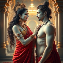 A beautiful divine goddess with glowing milk skin, adorned with intricate jewellery around her neck and payal on her feet, wearing a vibrant red saree, exuding a charming smile