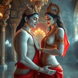 A beautiful divine goddess with glowing milk skin, adorned with intricate jewellery around her neck and payal on her feet, wearing a vibrant red saree, exuding a charming smile