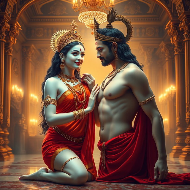 A beautiful divine goddess with glowing milk skin, adorned with intricate jewellery around her neck and payal on her feet, wearing a vibrant red saree, exuding a charming smile