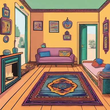In the cartoon, the character's house is adorned with a vibrant nammad rug, reflecting their eclectic personality and style.